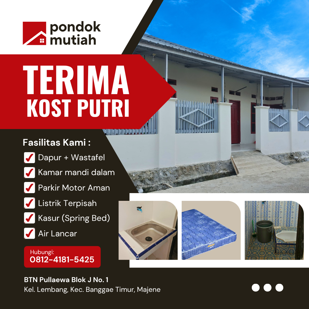 Kamar Kost Putri Pondok Mutiah BTN Pullaewa Blok J No. 1